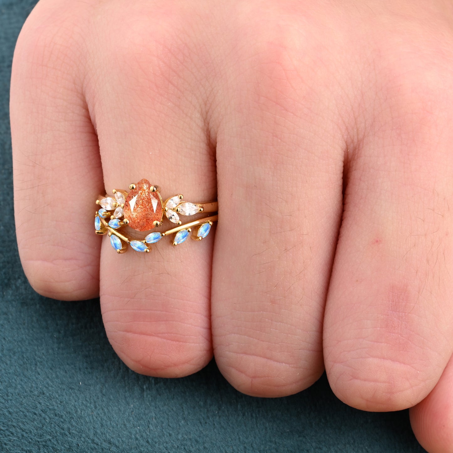 Vintage Pear Shape Sunstone Enhancer Ring Set Unique Moonstone Gemstone Promise Bridal Ring Set