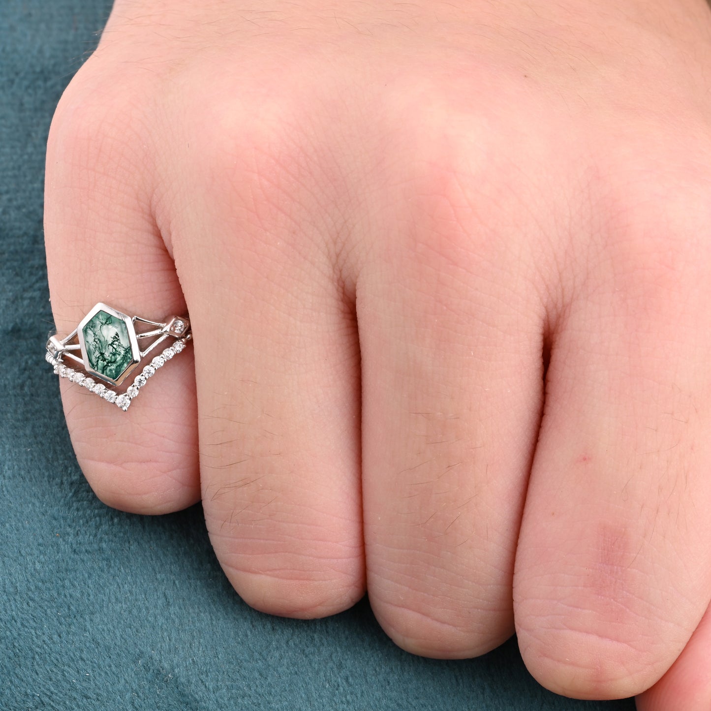 Unique Vintage Bezel Setting Moss Agate Ring Set Solid 14k Yellow Gold Ring Set Vintage Hexagon Cut Moss Agate Engagement Promise Bridal Ring Set