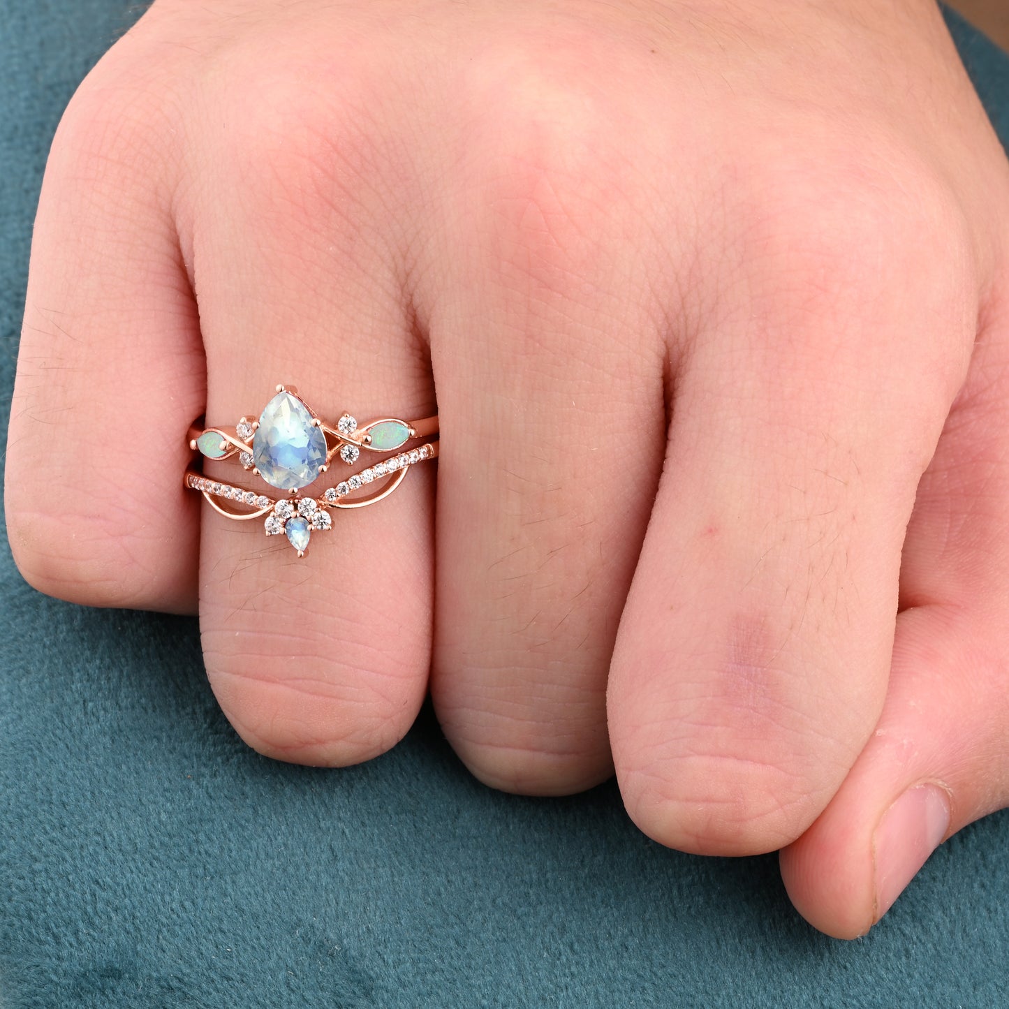 Vintage Pear Shape Moonstone Engagement Ring Set Unique Gemstone Promise Bridal Ring Set Anniversary Gift