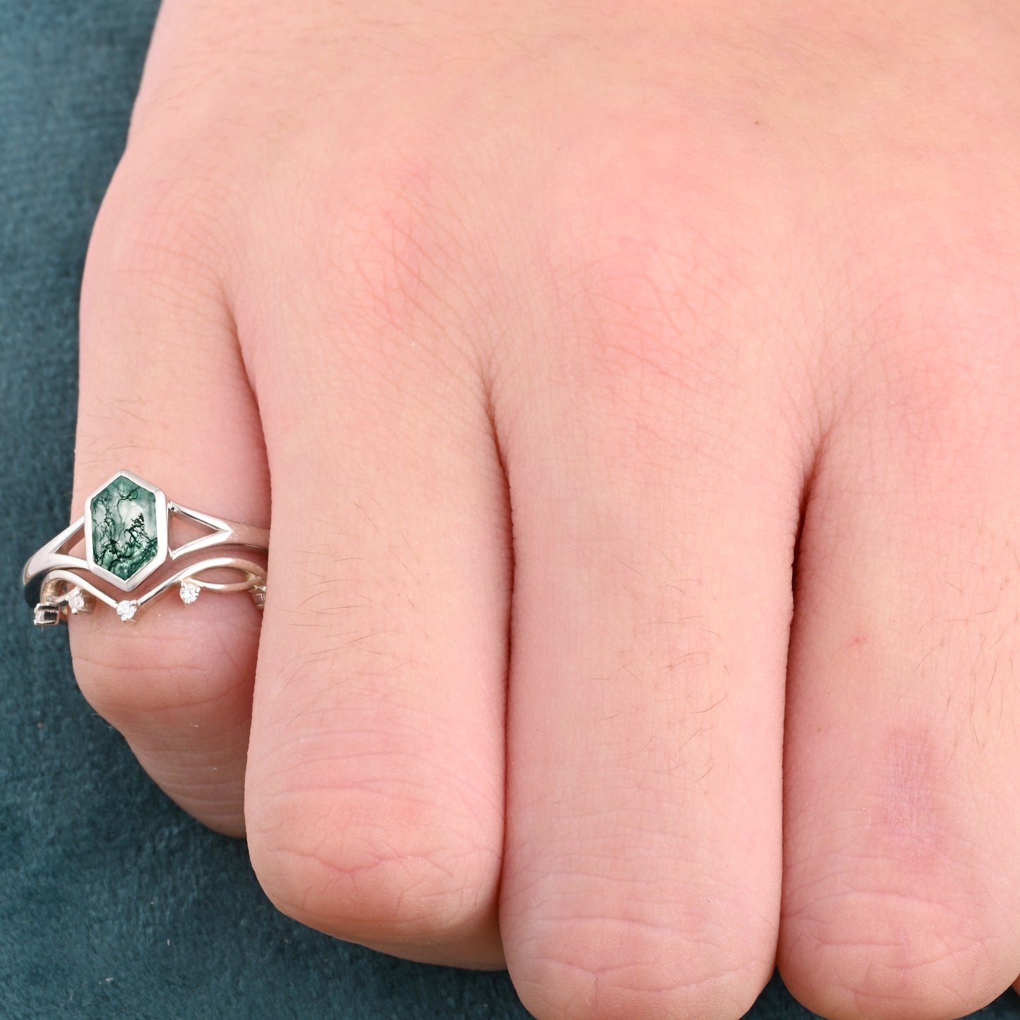Unique Vintage Bezel Setting Moss Agate Ring Set Sterling Silver Ring Set Vintage Hexagon Cut Moss Agate Engagement Promise Bridal Ring Set