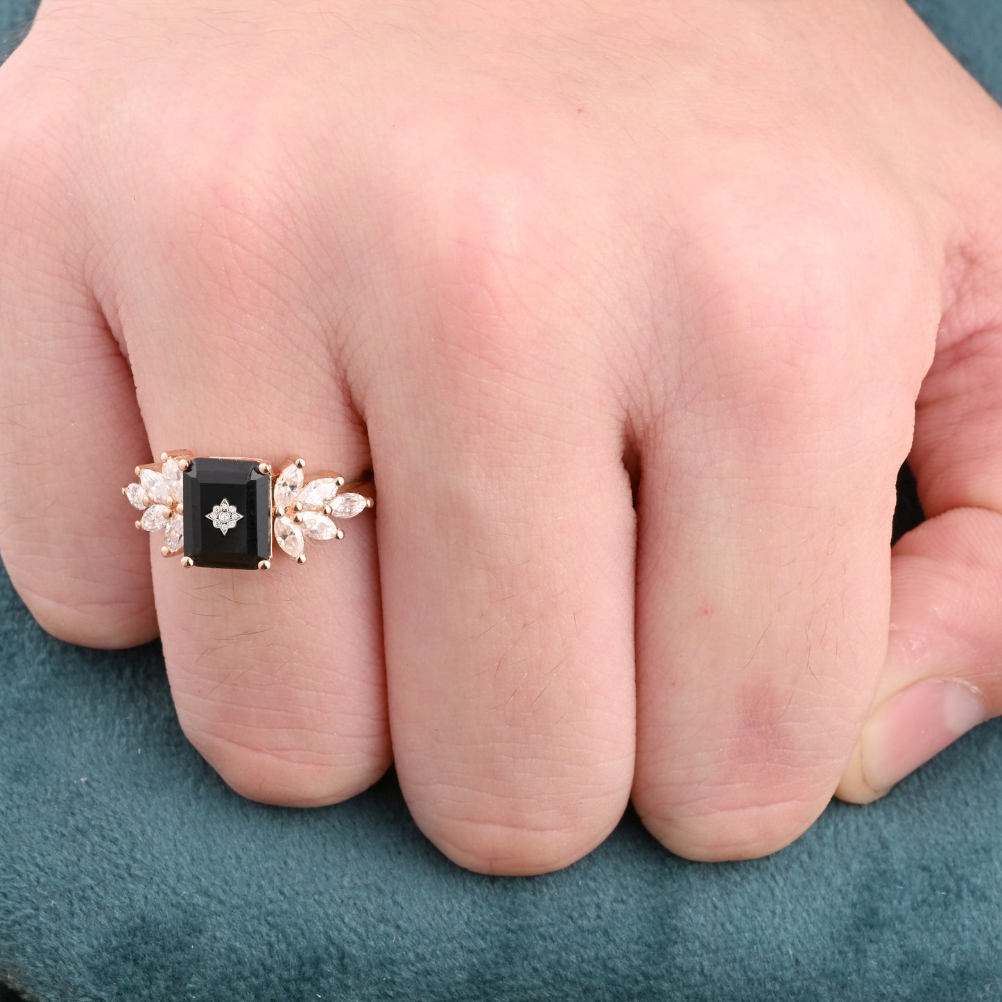 Black Onyx Engagement Ring Emerald Cut Black Agate Ring Rose Gold Ring Cluster Ring Moissanite Bridal Ring Promise Ring Anniversary Gift