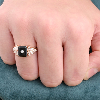 Black Onyx Engagement Ring Emerald Cut Black Agate Ring Rose Gold Ring Cluster Ring Moissanite Bridal Ring Promise Ring Anniversary Gift