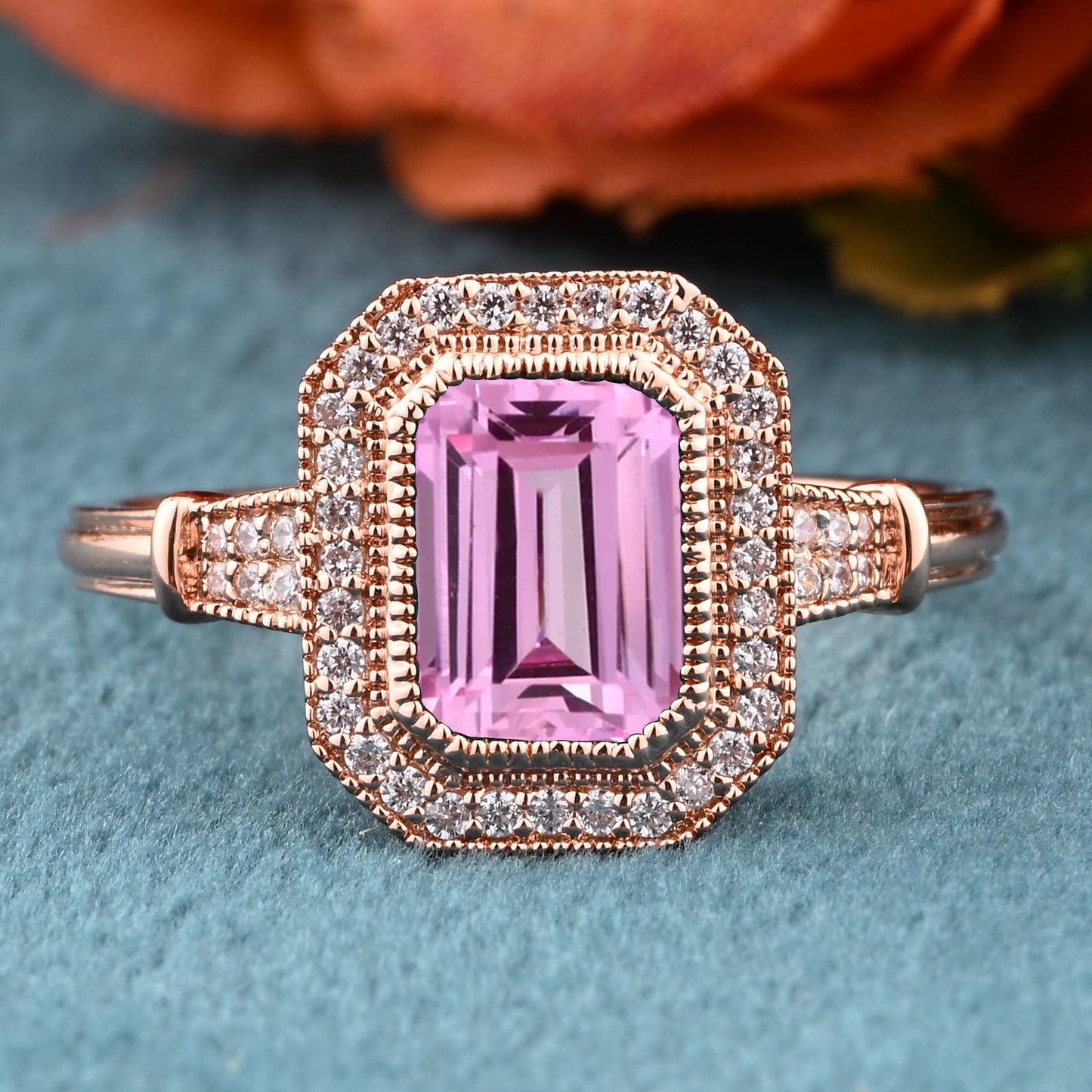 Vintage Pink Sapphire Emerald Cut Ring Art Deco Pink Sapphire Engagement Rings July Birthstone Ring Handmade Octagon Gemstone Statement Ring Personalized Jewelry Gift For Her