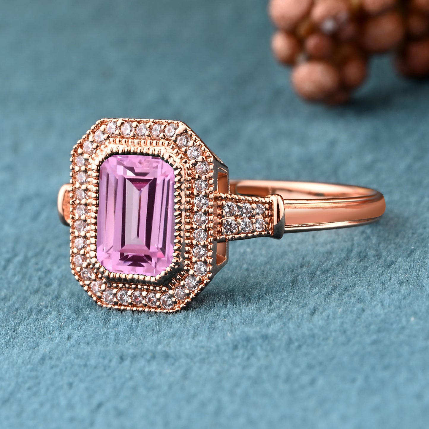 Vintage Pink Sapphire Emerald Cut Ring Art Deco Pink Sapphire Engagement Rings July Birthstone Ring Handmade Octagon Gemstone Statement Ring Personalized Jewelry Gift For Her