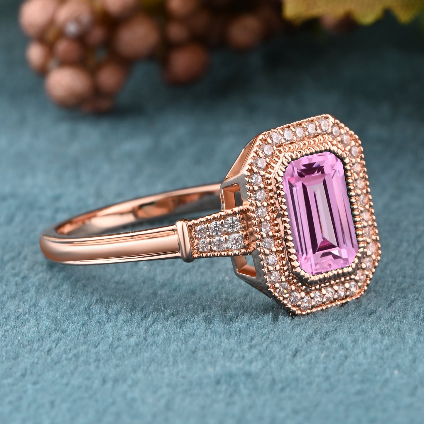 Vintage Pink Sapphire Emerald Cut Ring Art Deco Pink Sapphire Engagement Rings July Birthstone Ring Handmade Octagon Gemstone Statement Ring Personalized Jewelry Gift For Her