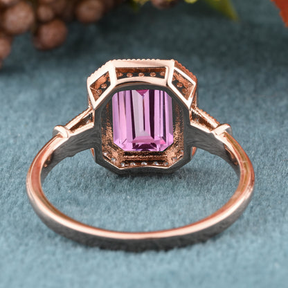 Vintage Pink Sapphire Emerald Cut Ring Art Deco Pink Sapphire Engagement Rings July Birthstone Ring Handmade Octagon Gemstone Statement Ring Personalized Jewelry Gift For Her