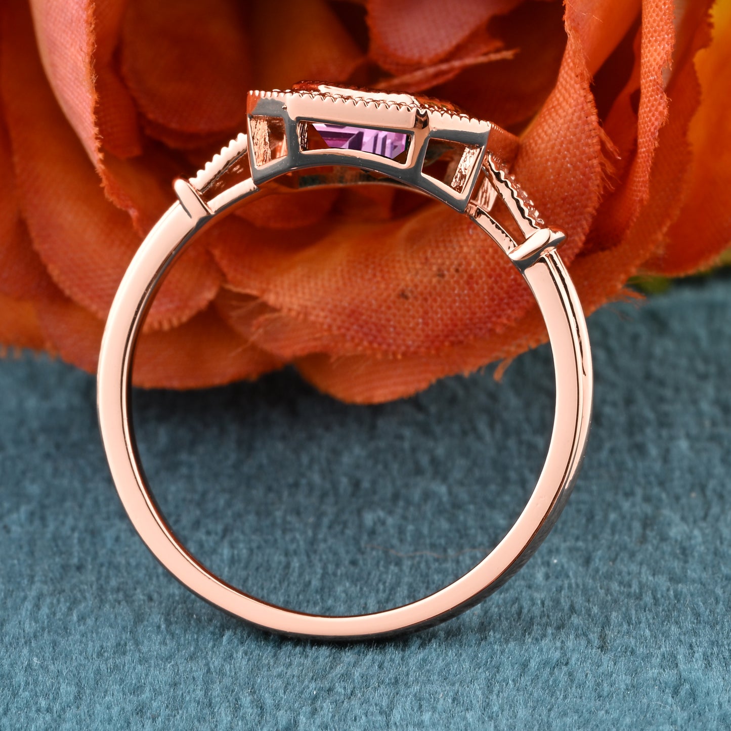 Vintage Pink Sapphire Emerald Cut Ring Art Deco Pink Sapphire Engagement Rings July Birthstone Ring Handmade Octagon Gemstone Statement Ring Personalized Jewelry Gift For Her