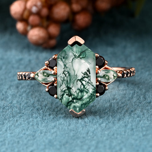 Hexagon Moss Agate Engagement Ring Green Agate Black Onyx Cluster Promise Ring Rose Gold Art Deco Ring Custom Handmade Bridal Ring