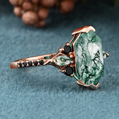 Hexagon Moss Agate Engagement Ring Green Agate Black Onyx Cluster Promise Ring Rose Gold Art Deco Ring Custom Handmade Bridal Ring