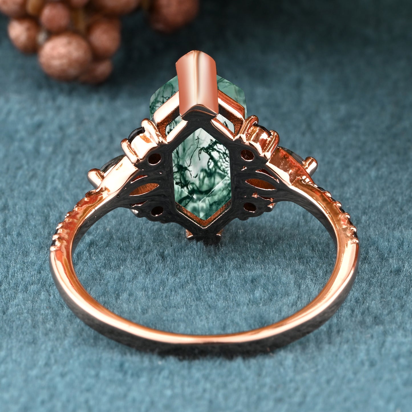 Hexagon Moss Agate Engagement Ring Green Agate Black Onyx Cluster Promise Ring Rose Gold Art Deco Ring Custom Handmade Bridal Ring