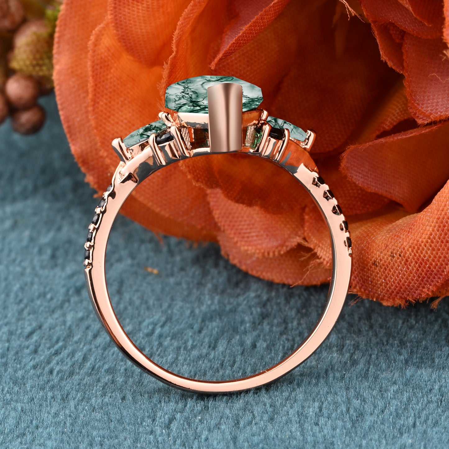 Hexagon Moss Agate Engagement Ring Green Agate Black Onyx Cluster Promise Ring Rose Gold Art Deco Ring Custom Handmade Bridal Ring