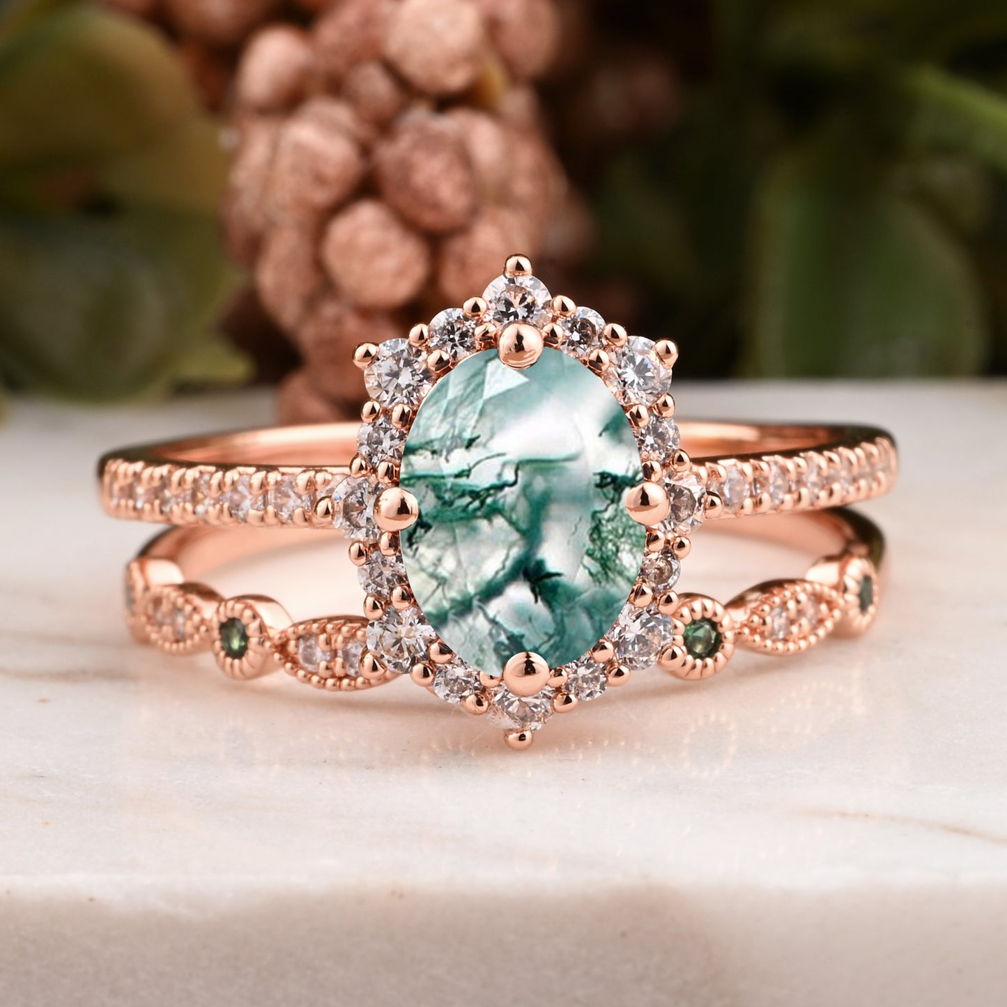 Oval Moss Agate Engagement Ring Set with Rose Gold and Moissanite Halo, Dainty Vintage Wedding Band Bridal Jewelry for Women 14k Solid Gold ring