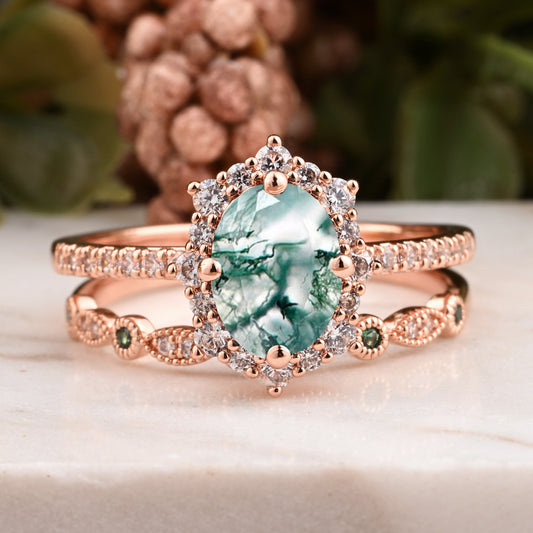 Oval Moss Agate Engagement Ring Set with Rose Gold and Moissanite Halo, Dainty Vintage Wedding Band Bridal Jewelry for Women 14k Solid Gold ring