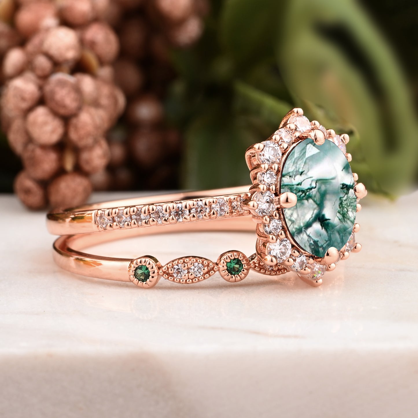 Oval Moss Agate Engagement Ring Set with Rose Gold and Moissanite Halo, Dainty Vintage Wedding Band Bridal Jewelry for Women 14k Solid Gold ring