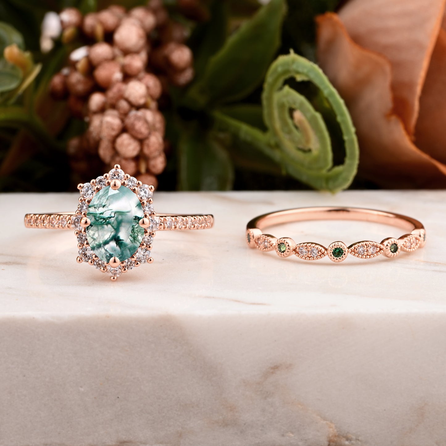 Oval Moss Agate Engagement Ring Set with Rose Gold and Moissanite Halo, Dainty Vintage Wedding Band Bridal Jewelry for Women 14k Solid Gold ring