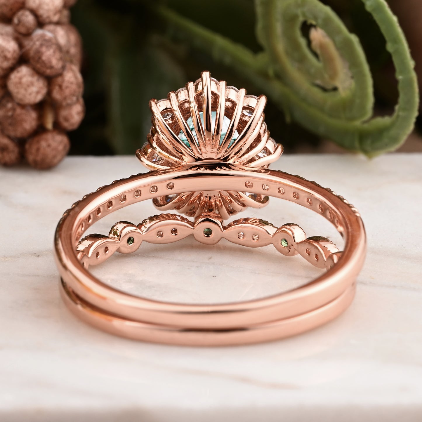 Oval Moss Agate Engagement Ring Set with Rose Gold and Moissanite Halo, Dainty Vintage Wedding Band Bridal Jewelry for Women 14k Solid Gold ring