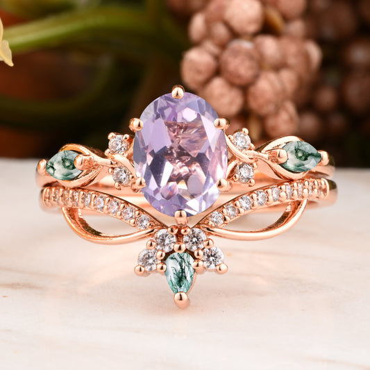 Vintage Oval Shape Amethyst Engagement Ring Set Unique Gemstone Promise Bridal Ring Set Anniversary Gift