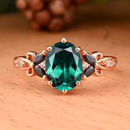Vintage Oval Emerald engagement ring set Bridal Sets women Rose Gold May Birthstone Promise ring Cluster ring anniversary ring women
