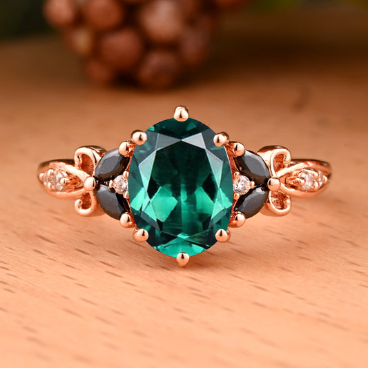 Vintage Oval Emerald engagement ring set Bridal Sets women Rose Gold May Birthstone Promise ring Cluster ring anniversary ring women