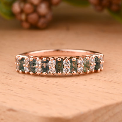 Baguette Moss Agate Wedding Band Ring Art Deco Eternity Band Unique Moss Agate Gold Ring Moss Agate Matching Ring Personalized Gift For Her