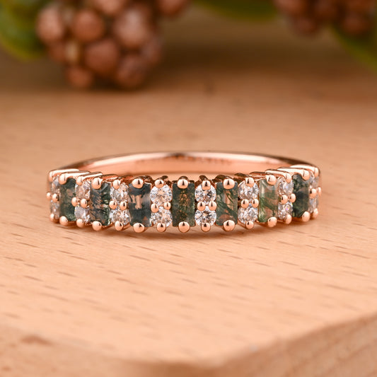 Baguette Moss Agate Wedding Band Ring Art Deco Eternity Band Unique Moss Agate Gold Ring Moss Agate Matching Ring Personalized Gift For Her