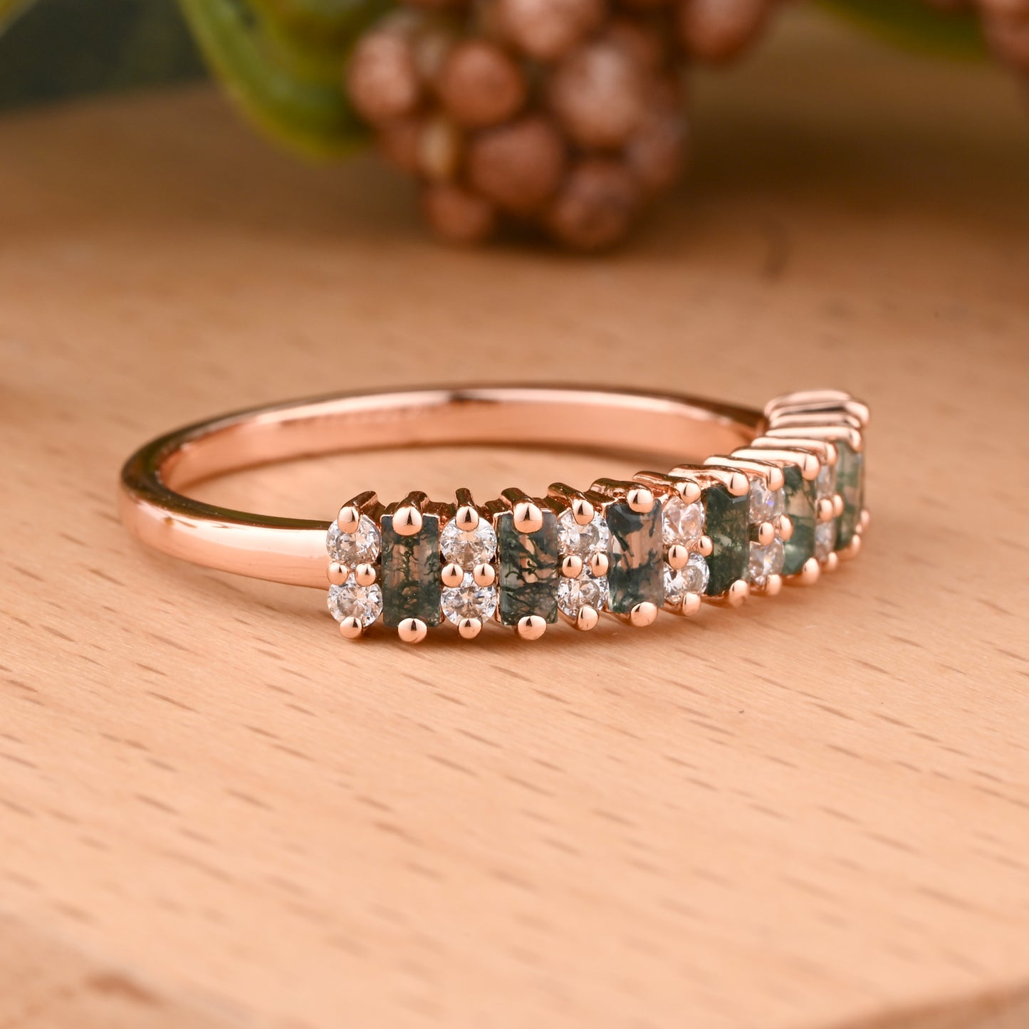 Baguette Moss Agate Wedding Band Ring Art Deco Eternity Band Unique Moss Agate Gold Ring Moss Agate Matching Ring Personalized Gift For Her