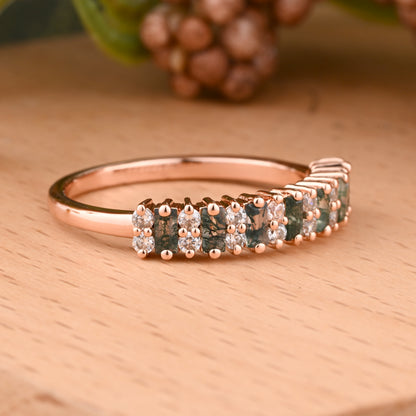 Baguette Moss Agate Wedding Band Ring Art Deco Eternity Band Unique Moss Agate Gold Ring Moss Agate Matching Ring Personalized Gift For Her