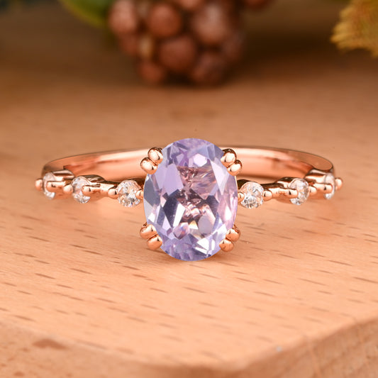 Vintage Oval Shape Amethyst Ring Unique Amethyst Moissanite Deco Gemstone Promise Bridal Ring