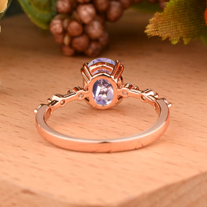 Vintage Oval Shape Amethyst Ring Unique Amethyst Moissanite Deco Gemstone Promise Bridal Ring