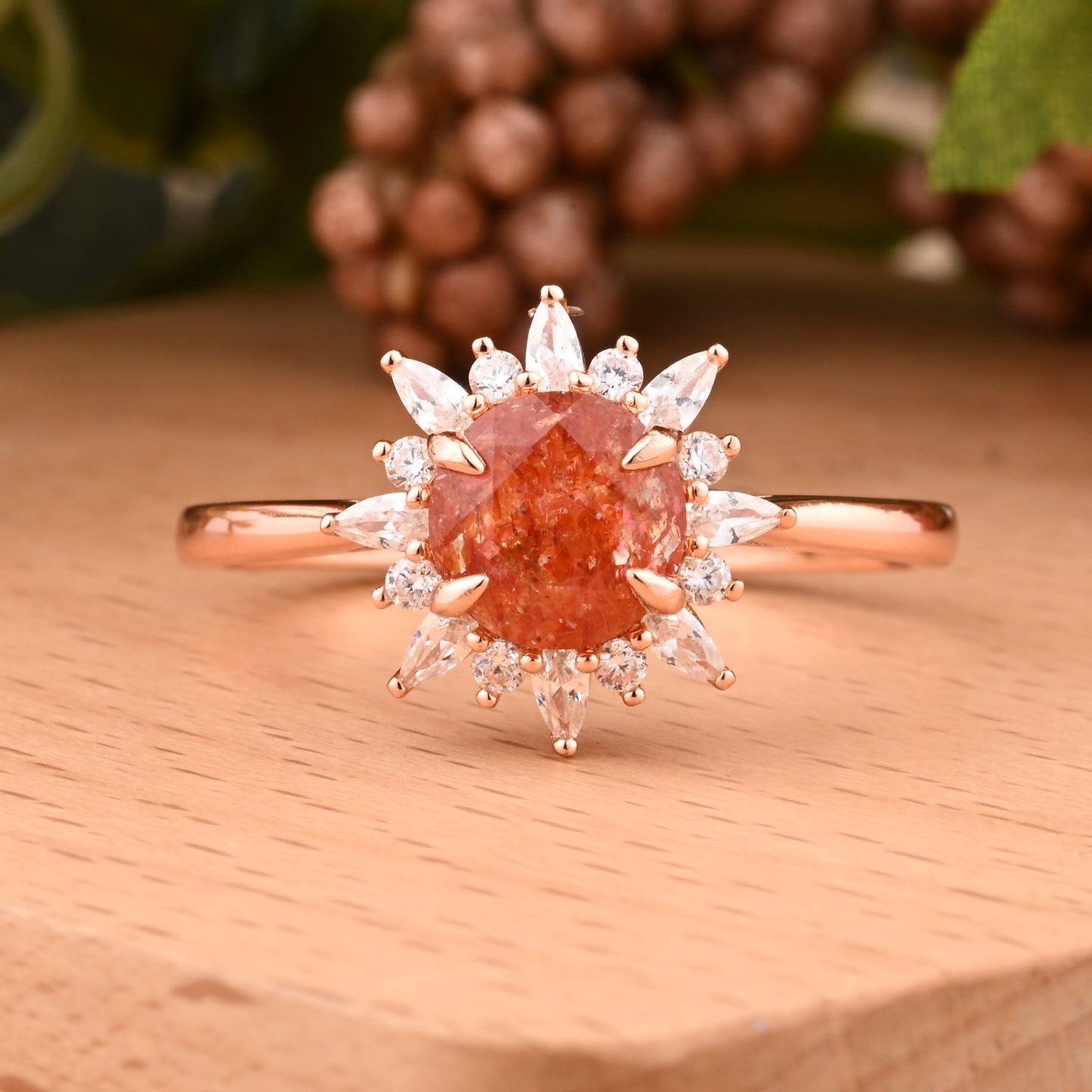 Vintage Sunstone Ring 14K Solid Gold Round Orange Gemstone Engagement Ring Unique Moissanite Halo Promise Ring Anniversary Gift For Women