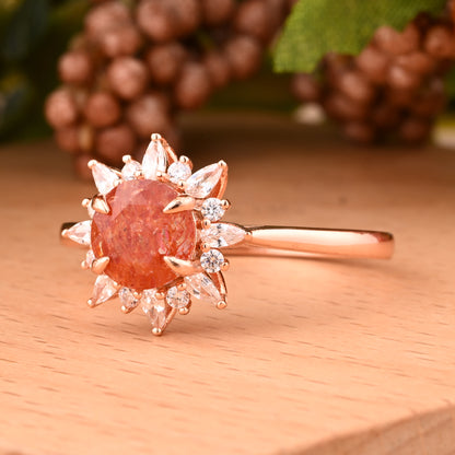 Vintage Sunstone Ring 14K Solid Gold Round Orange Gemstone Engagement Ring Unique Moissanite Halo Promise Ring Anniversary Gift For Women