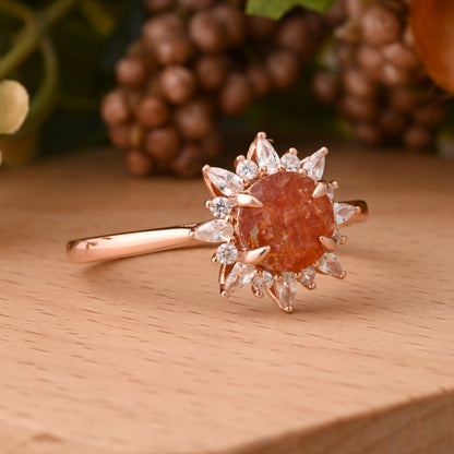 Vintage Sunstone Ring 14K Solid Gold Round Orange Gemstone Engagement Ring Unique Moissanite Halo Promise Ring Anniversary Gift For Women