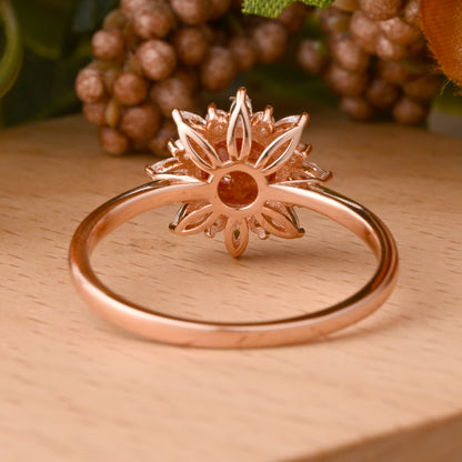 Vintage Sunstone Ring 14K Solid Gold Round Orange Gemstone Engagement Ring Unique Moissanite Halo Promise Ring Anniversary Gift For Women