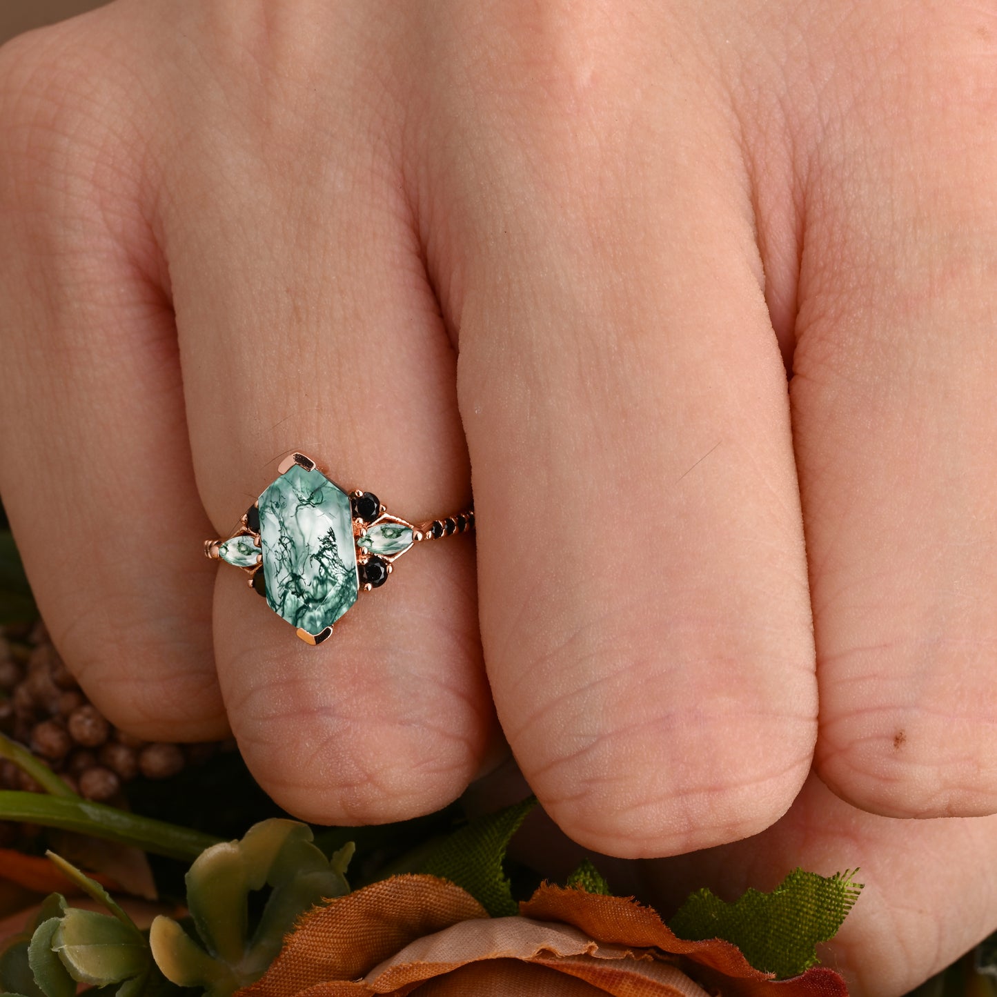 Hexagon Moss Agate Engagement Ring Green Agate Black Onyx Cluster Promise Ring Rose Gold Art Deco Ring Custom Handmade Bridal Ring