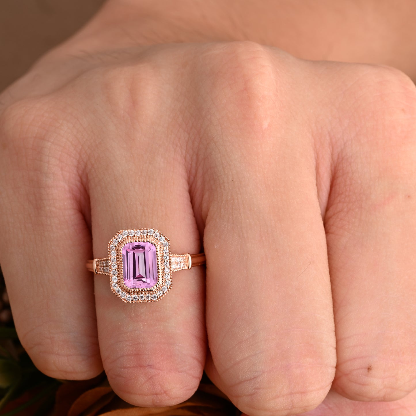 Vintage Pink Sapphire Emerald Cut Ring Art Deco Pink Sapphire Engagement Rings July Birthstone Ring Handmade Octagon Gemstone Statement Ring Personalized Jewelry Gift For Her