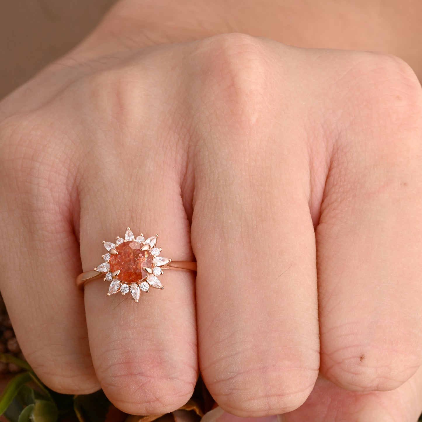 Vintage Sunstone Ring 14K Solid Gold Round Orange Gemstone Engagement Ring Unique Moissanite Halo Promise Ring Anniversary Gift For Women