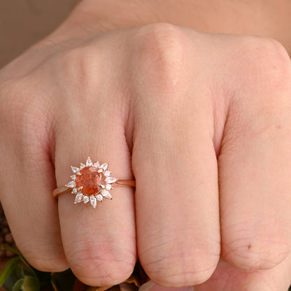 Vintage Sunstone Ring 14K Solid Gold Round Orange Gemstone Engagement Ring Unique Moissanite Halo Promise Ring Anniversary Gift For Women