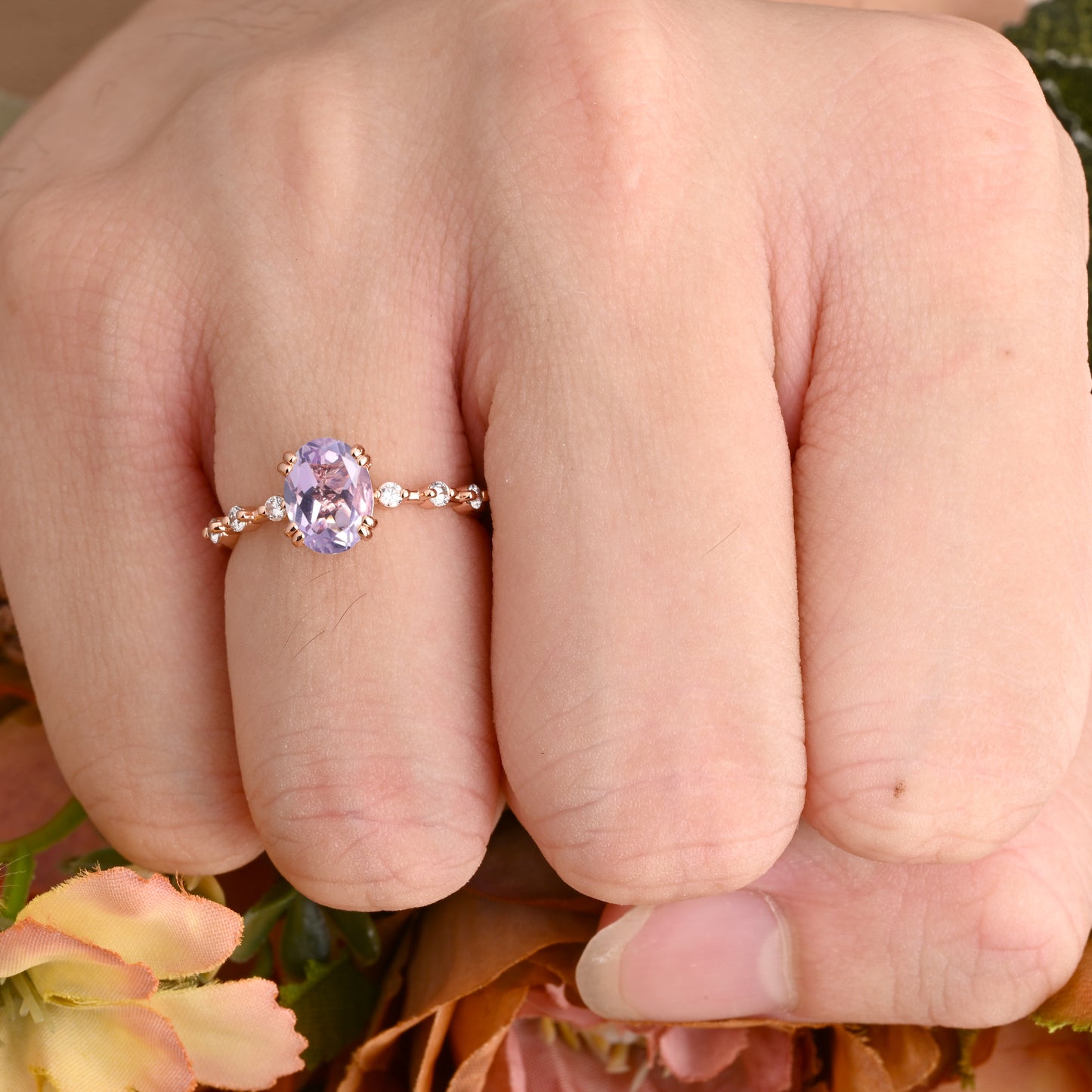 Vintage Oval Shape Amethyst Ring Unique Amethyst Moissanite Deco Gemstone Promise Bridal Ring