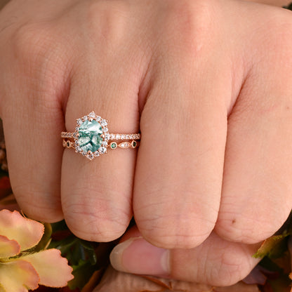 Oval Moss Agate Engagement Ring Set with Rose Gold and Moissanite Halo, Dainty Vintage Wedding Band Bridal Jewelry for Women 14k Solid Gold ring