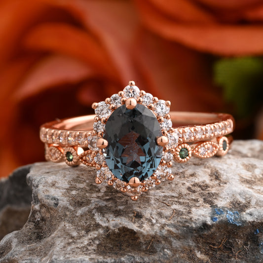 Oval Blue-Green Sapphire Engagement Ring Set with Rose Gold and Moissanite Halo, Dainty Vintage Wedding Band Bridal Jewelry for Women 14k Solid Gold ring
