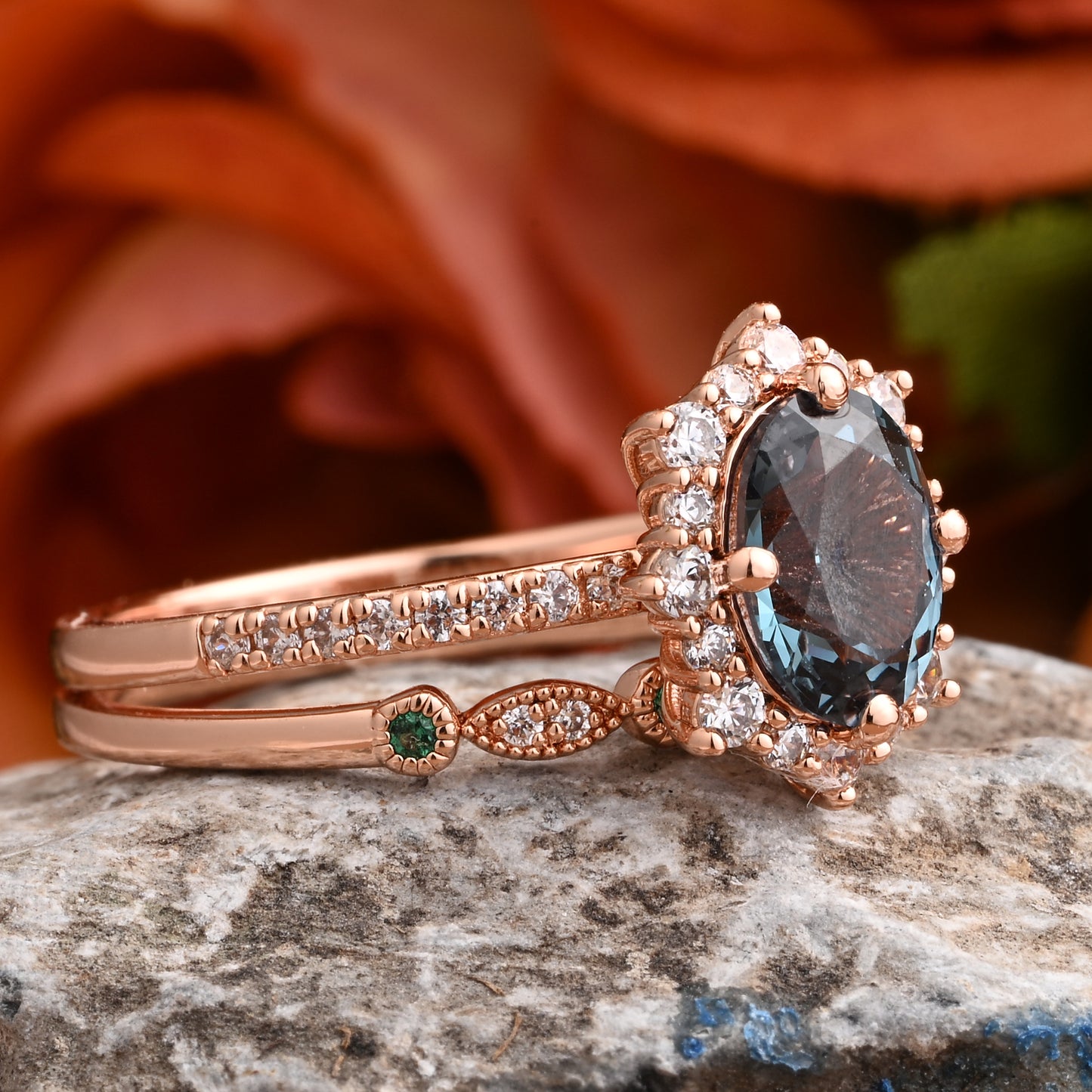Oval Blue-Green Sapphire Engagement Ring Set with Rose Gold and Moissanite Halo, Dainty Vintage Wedding Band Bridal Jewelry for Women 14k Solid Gold ring