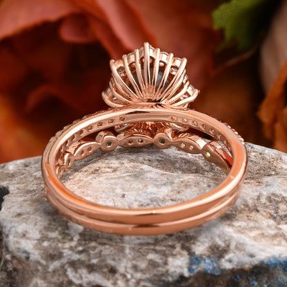 Oval Blue-Green Sapphire Engagement Ring Set with Rose Gold and Moissanite Halo, Dainty Vintage Wedding Band Bridal Jewelry for Women 14k Solid Gold ring