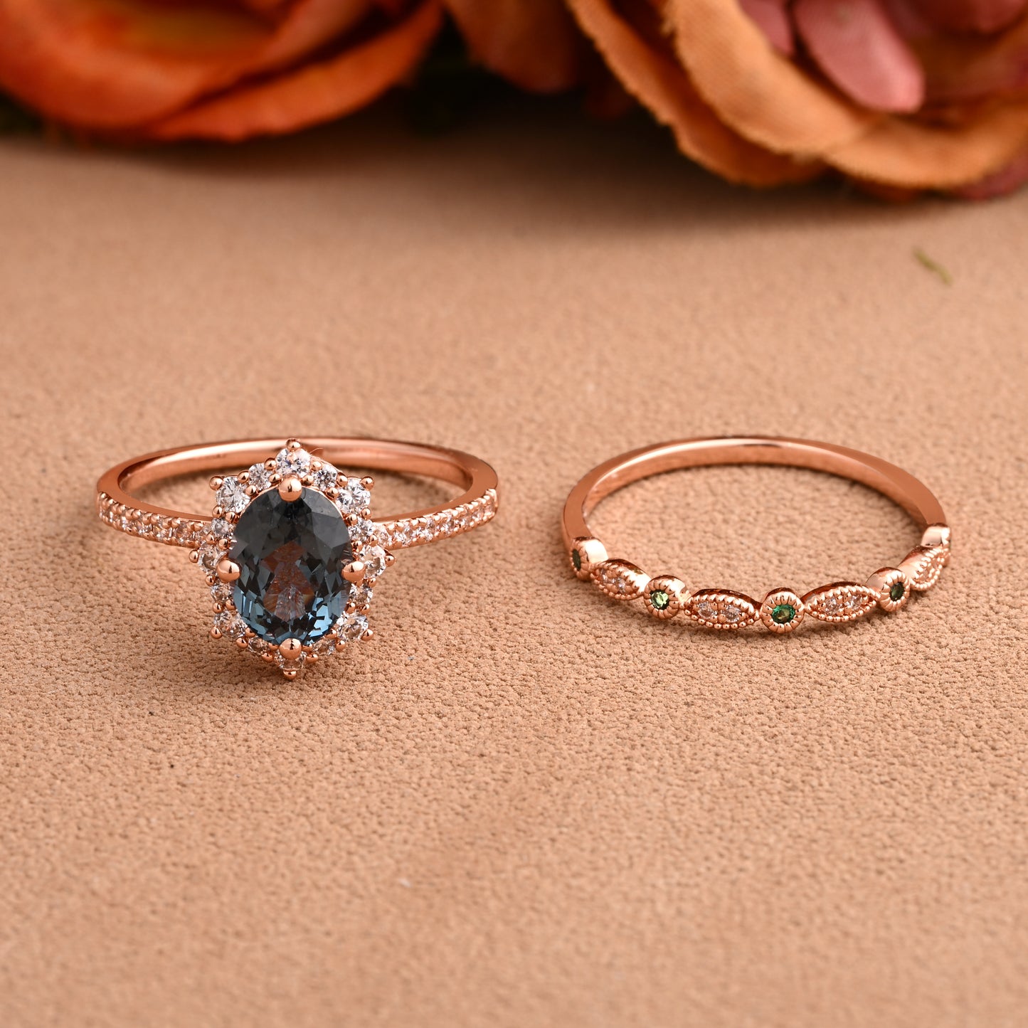 Oval Blue-Green Sapphire Engagement Ring Set with Rose Gold and Moissanite Halo, Dainty Vintage Wedding Band Bridal Jewelry for Women 14k Solid Gold ring