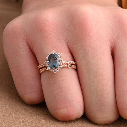 Oval Blue-Green Sapphire Engagement Ring Set with Rose Gold and Moissanite Halo, Dainty Vintage Wedding Band Bridal Jewelry for Women 14k Solid Gold ring