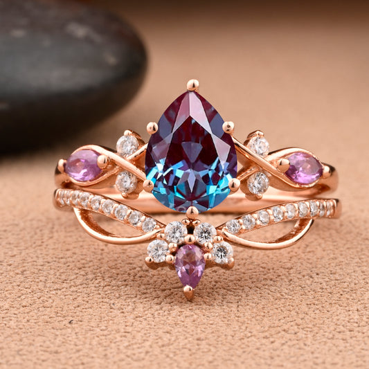 Vintage Pear Shape Alexandrite Engagement Ring Set Unique Alexandrite Gemstone Promise Bridal Ring Set Anniversary Gift